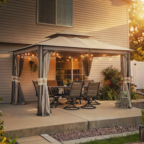Outdoor Soft Top Gazebo with Curtains & Netting, 11x13 ft Light Gray, Patio Shelter