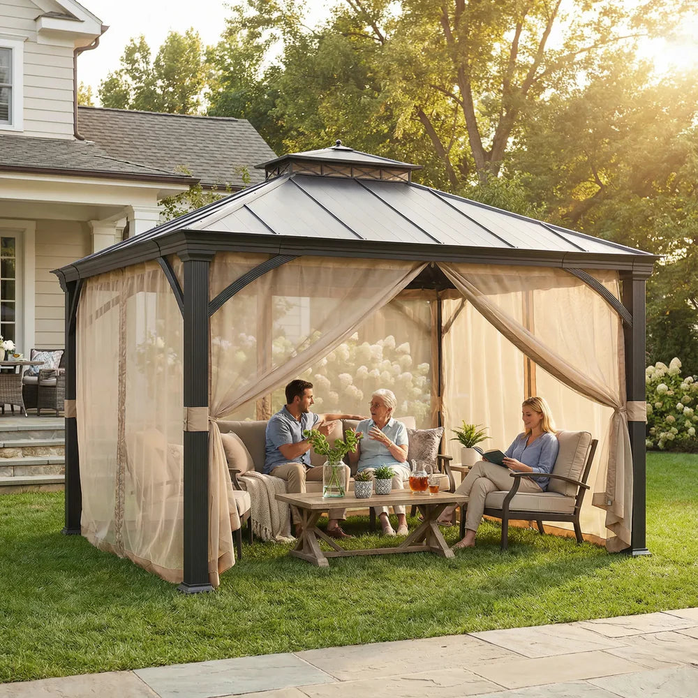 Outdoor Metal Gazebo with Hardtop Roof & Privacy Curtains 11x13 ft, Patio Shelter