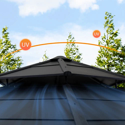 Hexagonal Hardtop Gazebo, Aluminum & Steel Frame Wood Look Finish with Ventilated Roof, Outdoor Gazebo