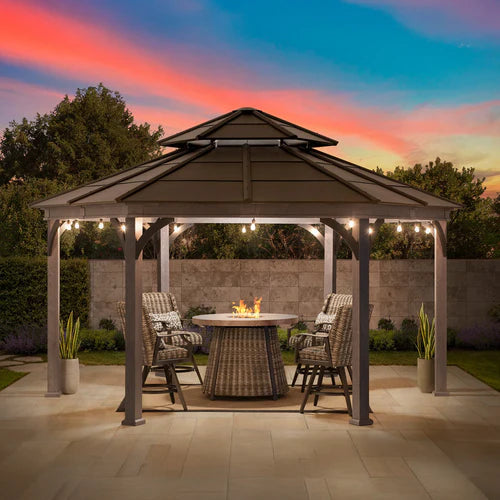 Hexagonal Hardtop Gazebo, Aluminum & Steel Frame Wood Look Finish with Ventilated Roof, Outdoor Gazebo