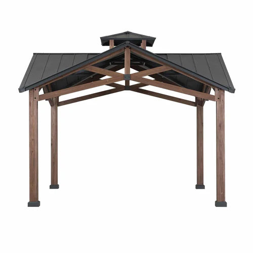 Outdoor Wooden Gazebo with Double-Tier Hardtop Roof, 12.5x12.5 ft Patio Pavilion
