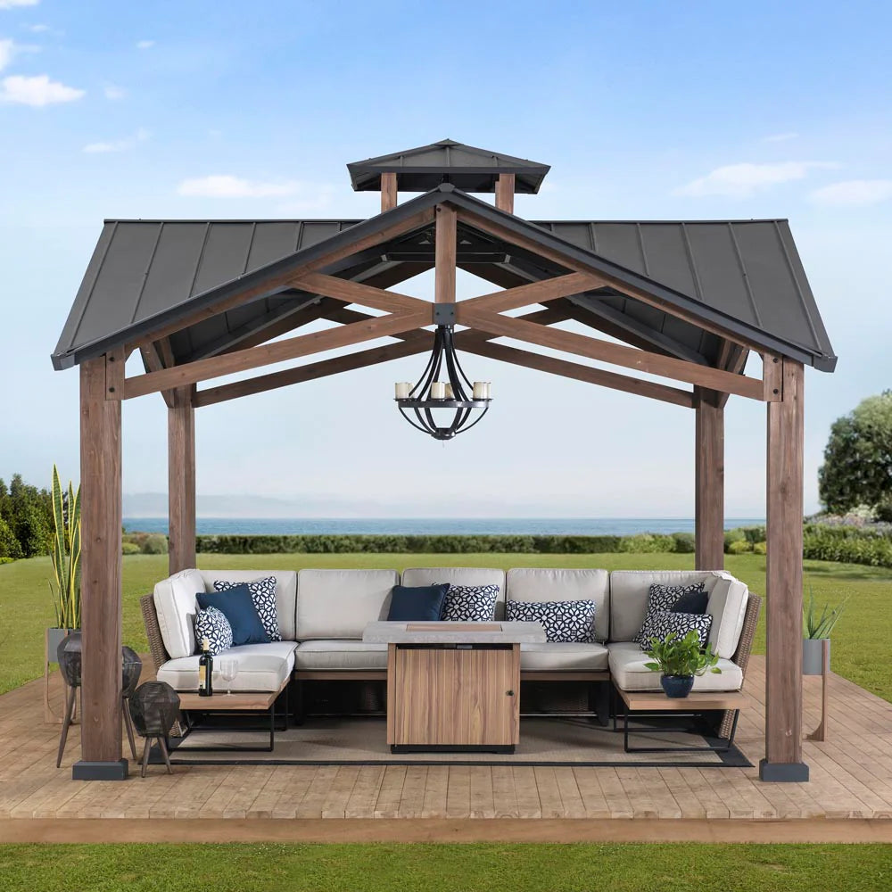 Outdoor Wooden Gazebo with Double-Tier Hardtop Roof, 12.5x12.5 ft Patio Pavilion