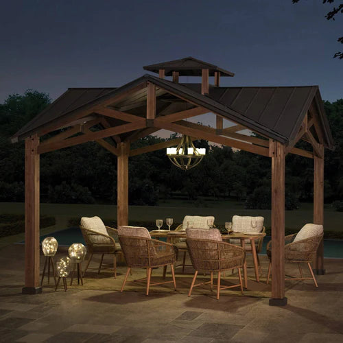 Outdoor Wooden Gazebo with Double-Tier Hardtop Roof, 12.5x12.5 ft Patio Pavilion