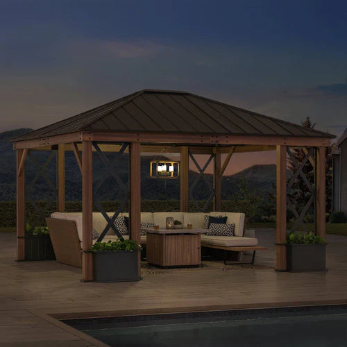 Outdoor Hardtop Gazebo with Wood Look Aluminum Frame & Built In Planters, 13x15 ft Patio Pavilion