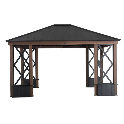 Outdoor Hardtop Gazebo with Wood Look Aluminum Frame & Built In Planters, 13x15 ft Patio Pavilion