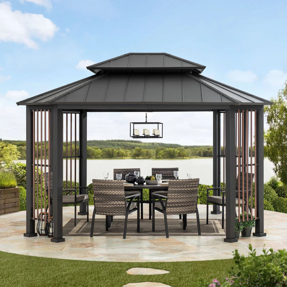 Outdoor Octagonal Steel Gazebo with 2-Tier Hardtop Roof, 11x13 ft Patio Pavilion