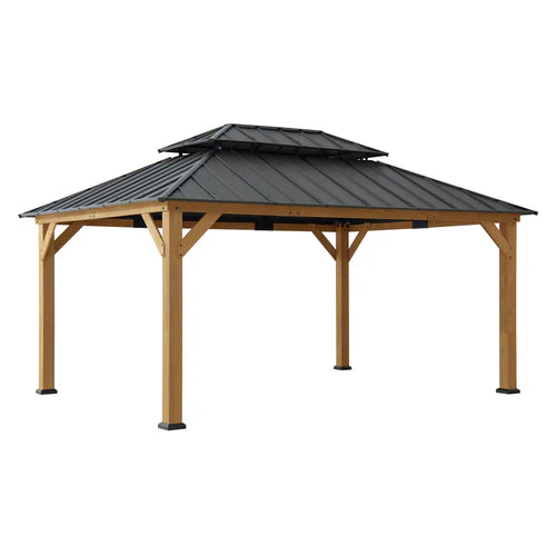 Outdoor Cedar Wood Gazebo with 2-Tier Metal Roof & Ceiling Hook, 12x16 ft Patio Pavilion