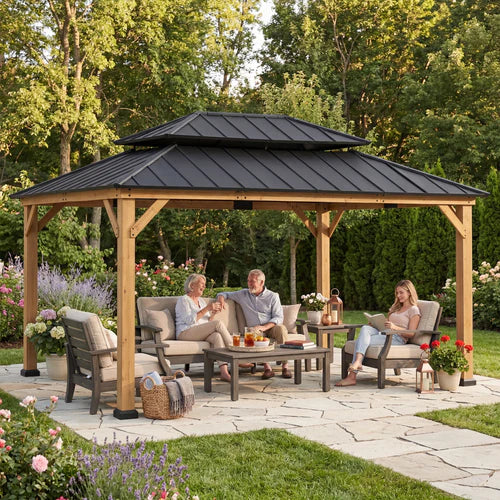 Outdoor Cedar Wood Gazebo with 2-Tier Metal Roof & Ceiling Hook, 12x16 ft Patio Pavilion