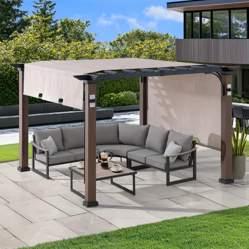 Outdoor Pergola Wood-Look Metal Frame with Sliding Canopy & Solar Lights, Patio Gazebo
