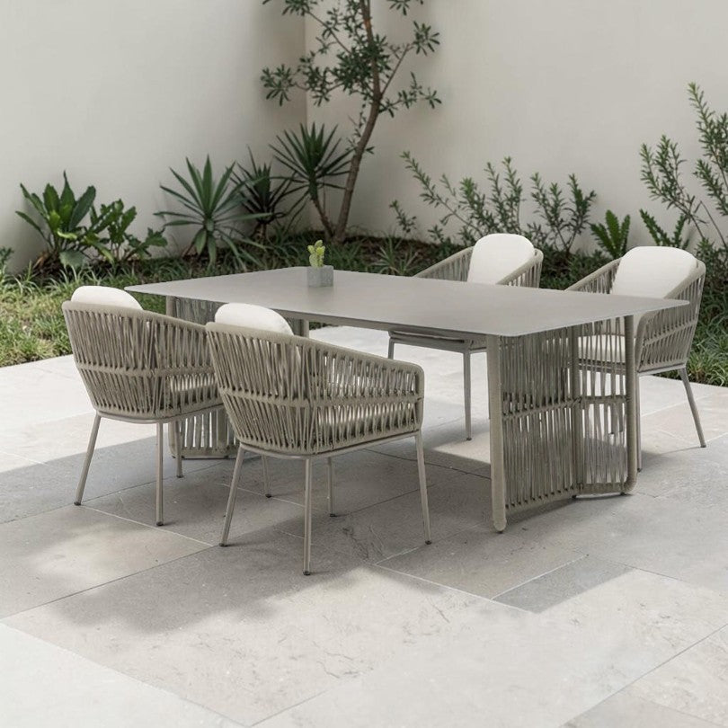 Modern Outdoor Dining Set Light Taupe Rope Weave Aluminum Frame 5-Piece, Outdoor Dining Set