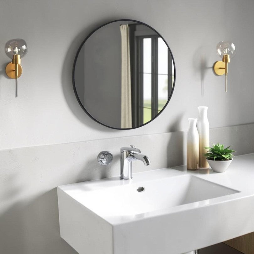 Round Wall Mirror, Black Metal Frame 18-Inch, Modern Bathroom Accent Mirror