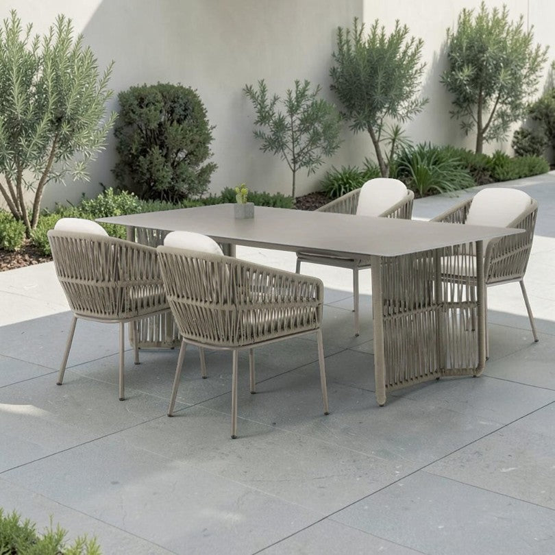 Modern Outdoor Dining Set Light Taupe Rope Weave Aluminum Frame 5-Piece, Outdoor Dining Set