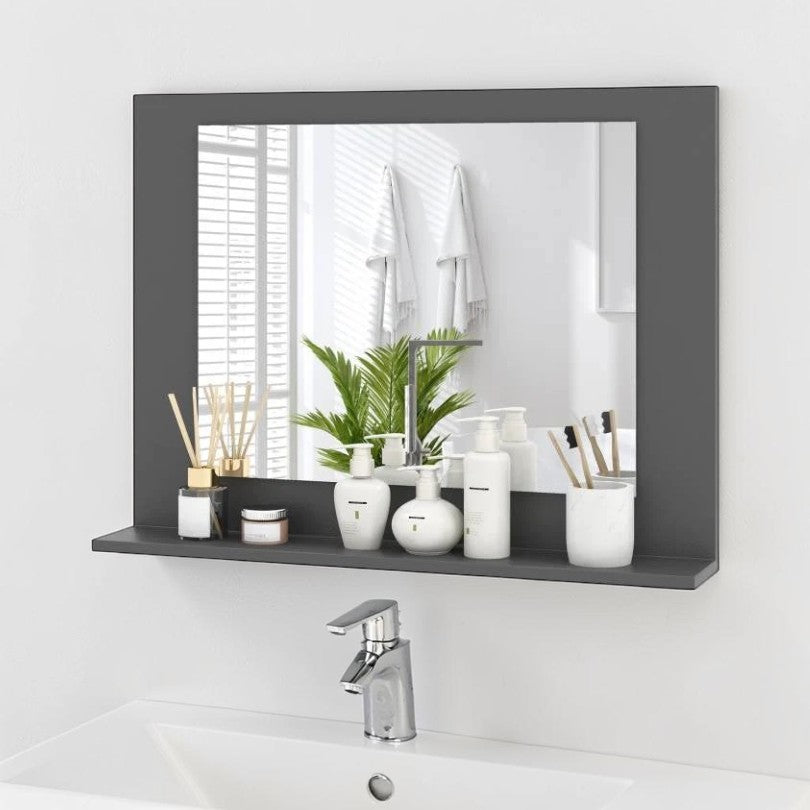 Rectangular Wall Mirror with Shelf, Gray Wood 23x17 Inch, Bathroom Storage Mirror