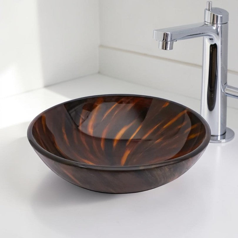 Round Glass Vessel Sink, Amber Brown 16.5 Inch with Pop-Up Drain, Bathroom Vanity Sink