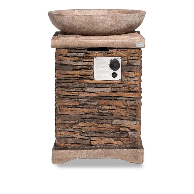 Rustic Tall Column Propane Fire Pit, Brown Stone Finish with Hidden Tank Storage & Lava Rocks, Outdoor Fire Pit