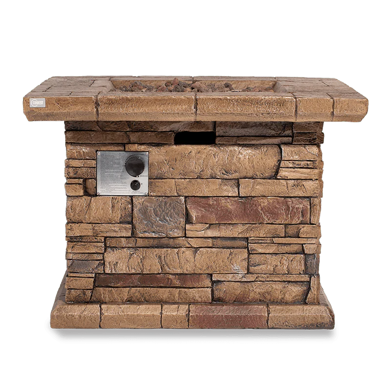 Rustic Square Propane Fire Pit Table, Faux Stone Brown Finish with Hidden Tank Storage, Outdoor Fire Pit