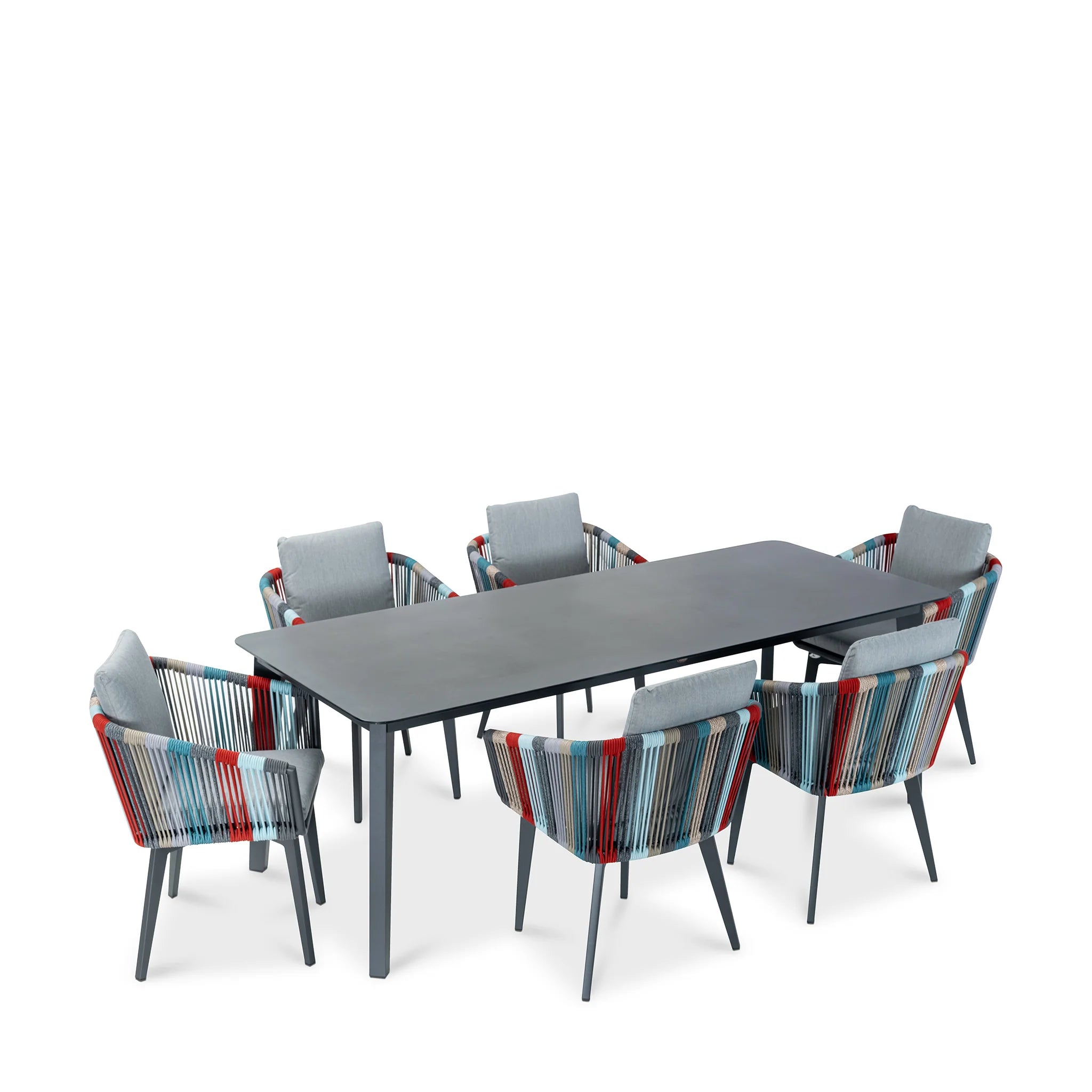 Modern Outdoor Dining Set with Marble Top Table & 6 Woven Rope Chairs, Multicolor Patio Furniture Set