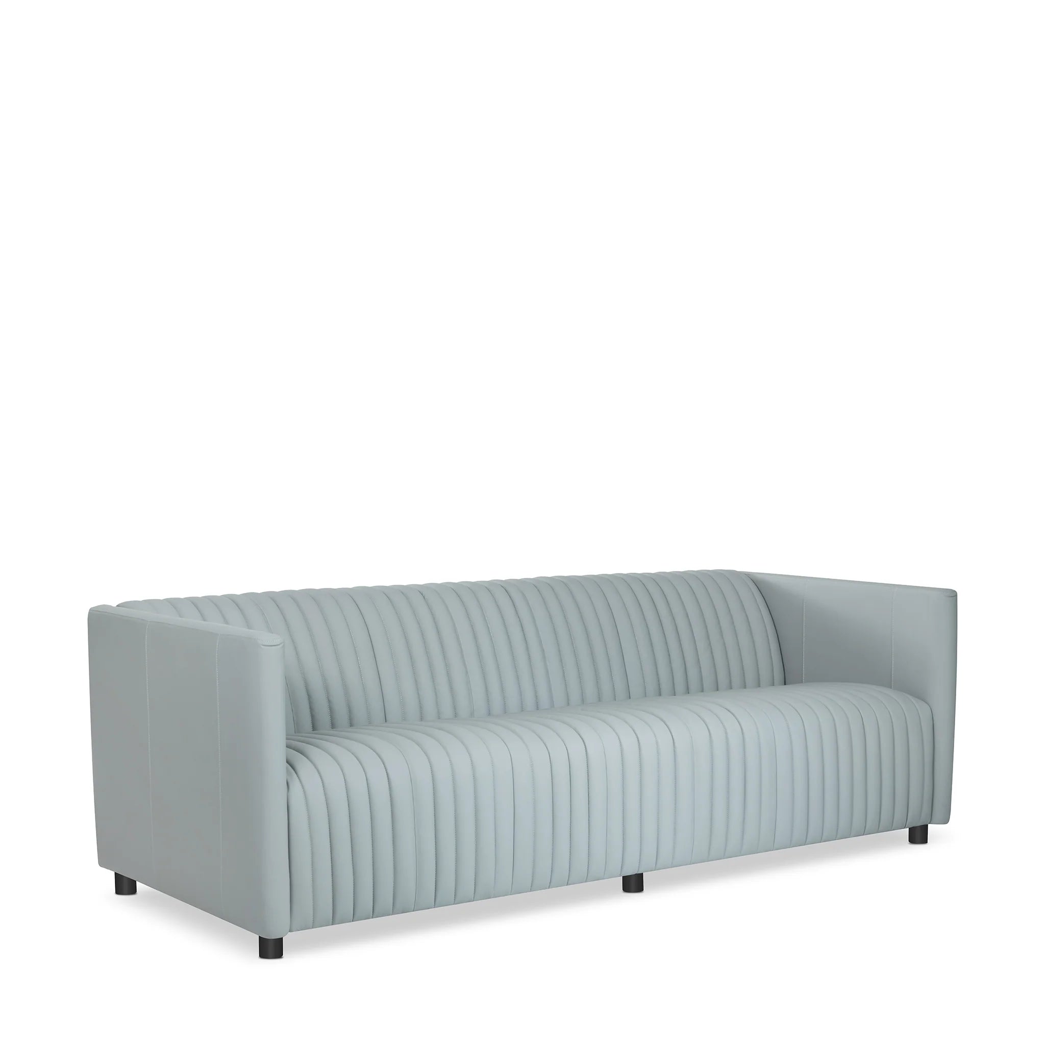 Modern Gray Leather, 3-Seater Sofa with Channel Tufting & Black Wood Legs, Living Room Sofa