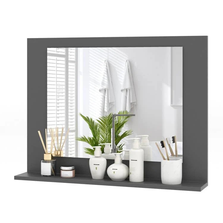 Rectangular Wall Mirror with Shelf, Gray Wood 23x17 Inch, Bathroom Storage Mirror