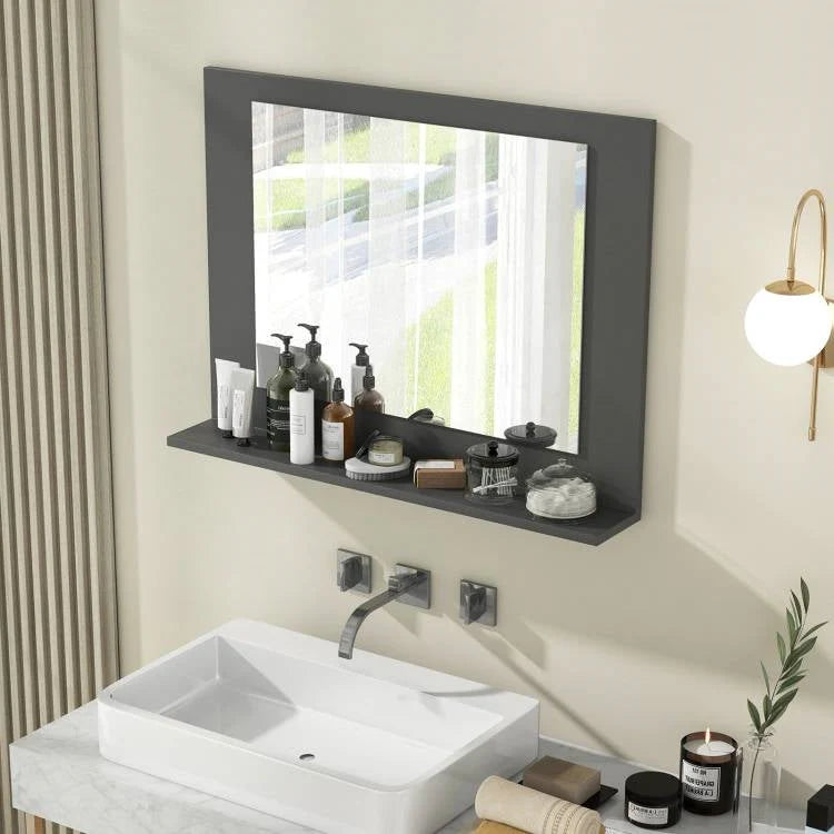 Rectangular Wall Mirror with Shelf, Gray Wood 23x17 Inch, Bathroom Storage Mirror