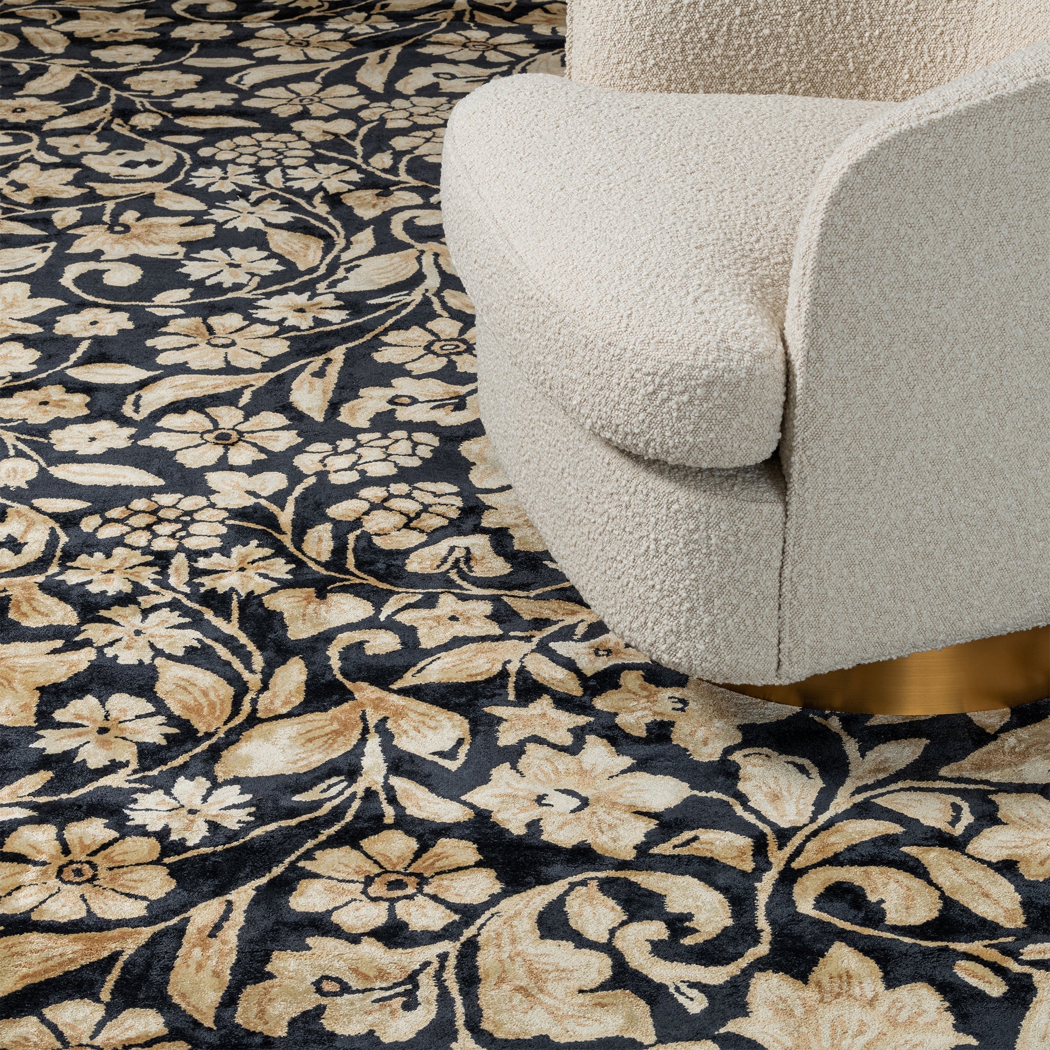 Vintage Black & Gold, Floral Living Room Carpet, Hand-Tufted Viscose 8x11 Area Rug