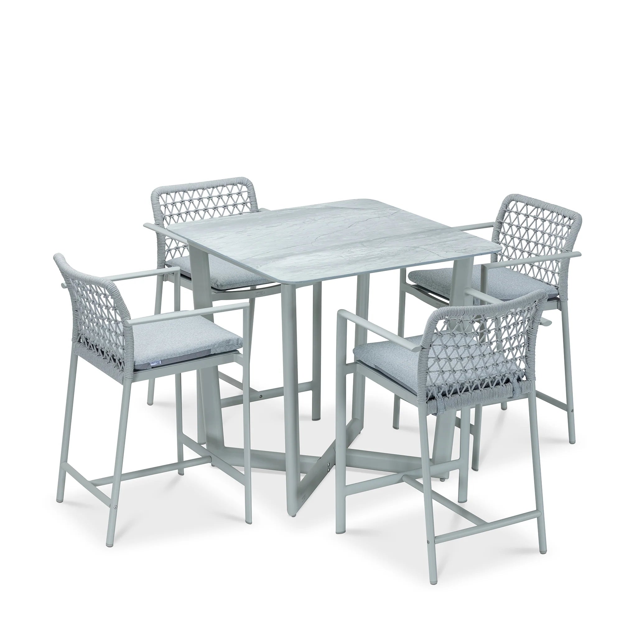 Modern Light Gray Outdoor Dining Set with Marble Top Table & 4 Woven Chairs, Patio Furniture Set