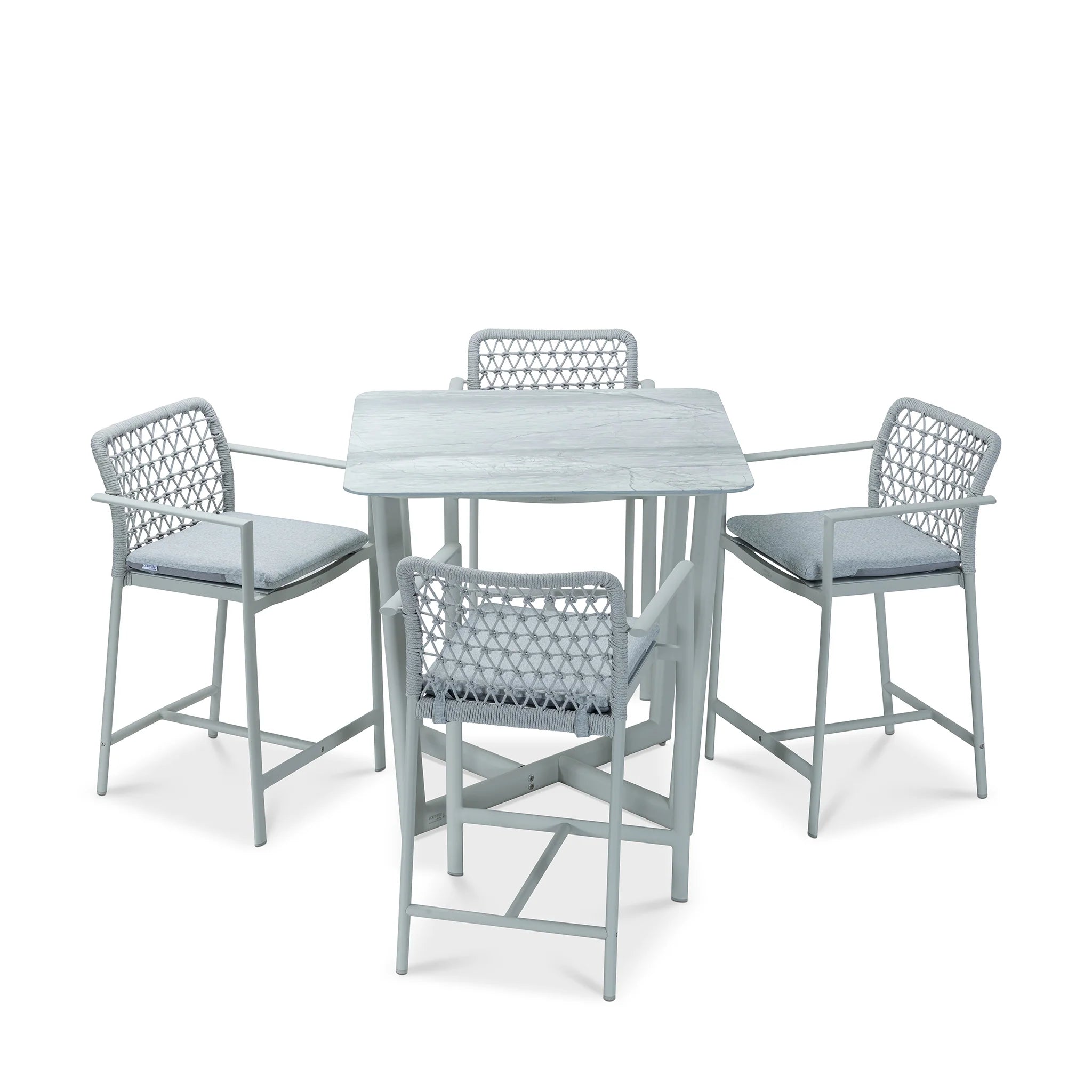 Modern Light Gray Outdoor Dining Set with Marble Top Table & 4 Woven Chairs, Patio Furniture Set