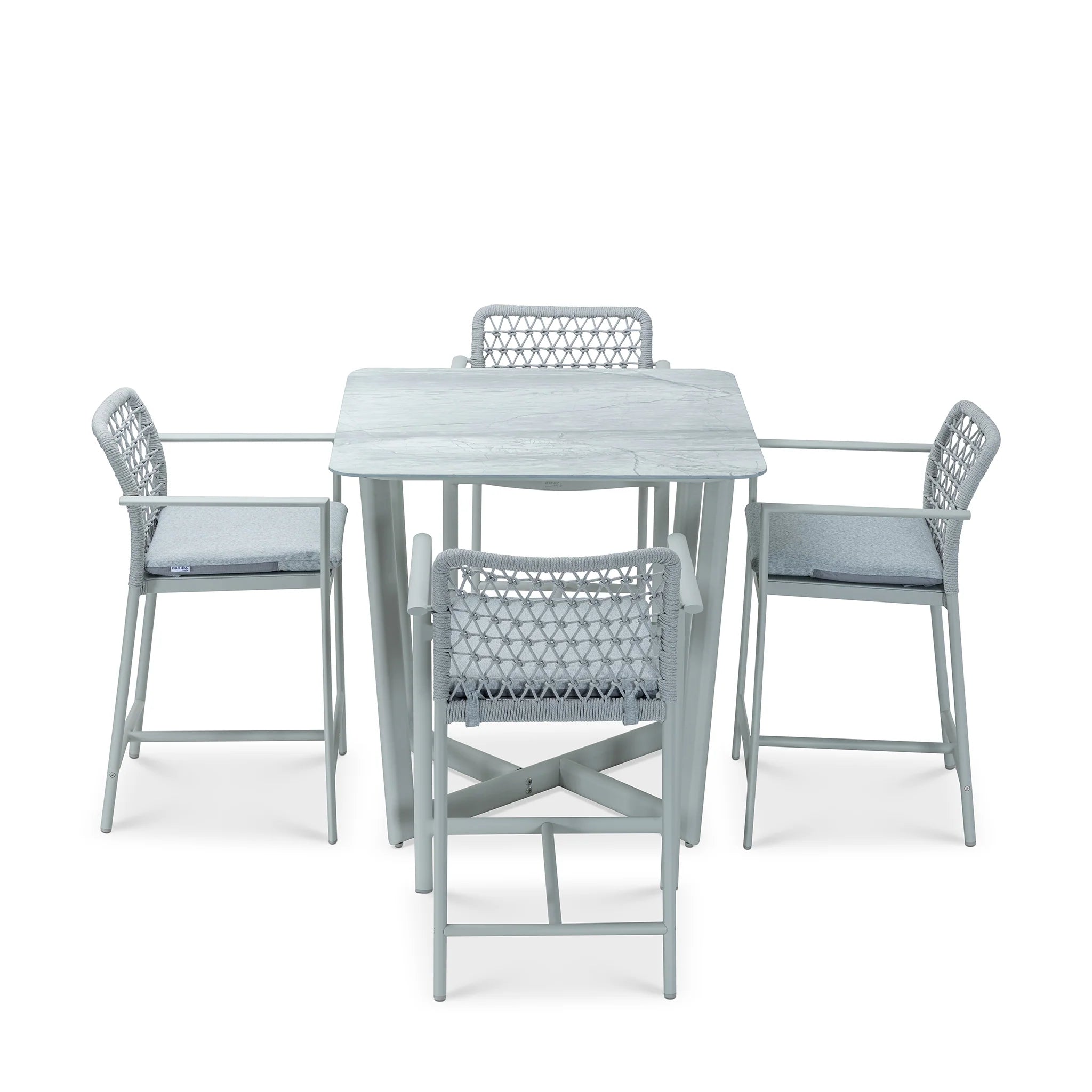 Modern Light Gray Outdoor Dining Set with Marble Top Table & 4 Woven Chairs, Patio Furniture Set