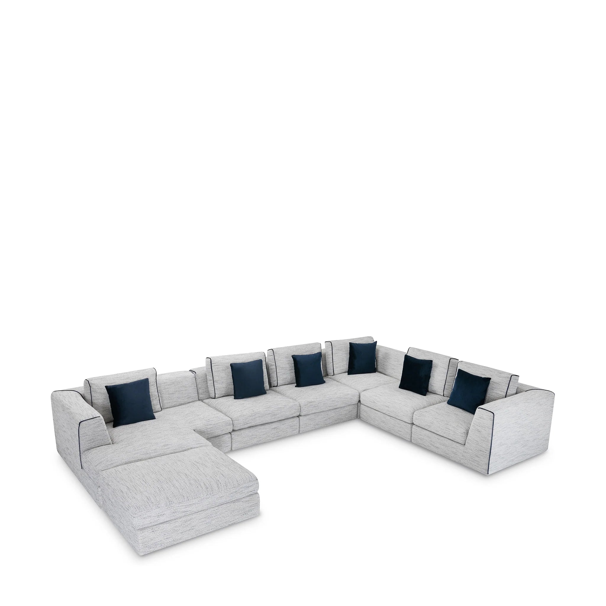 Modern Gray Chenille, 7-Piece Sectional Sofa with Ottoman & Navy Accent Pillows, Living Room Sofa