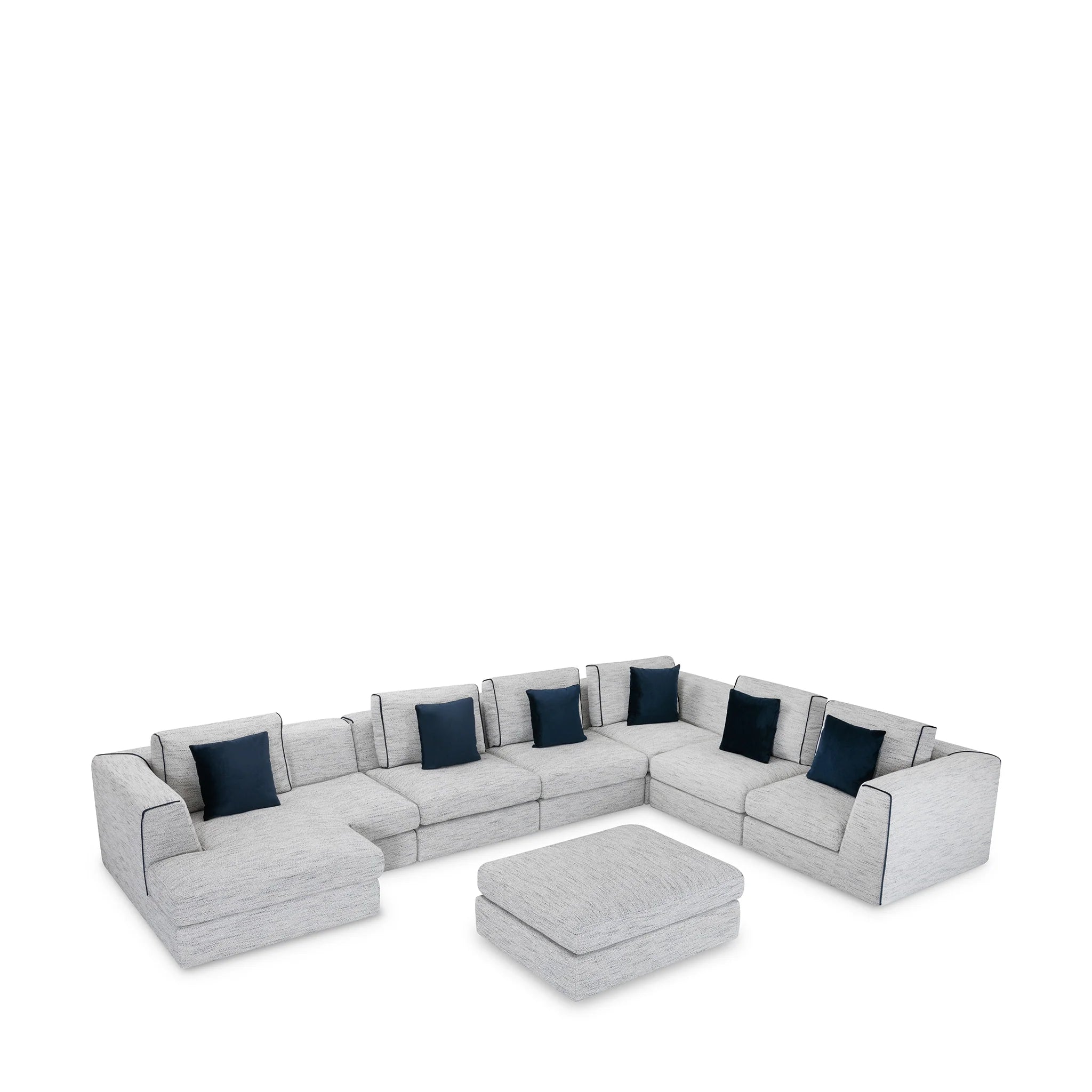 Modern Gray Chenille, 7-Piece Sectional Sofa with Ottoman & Navy Accent Pillows, Living Room Sofa