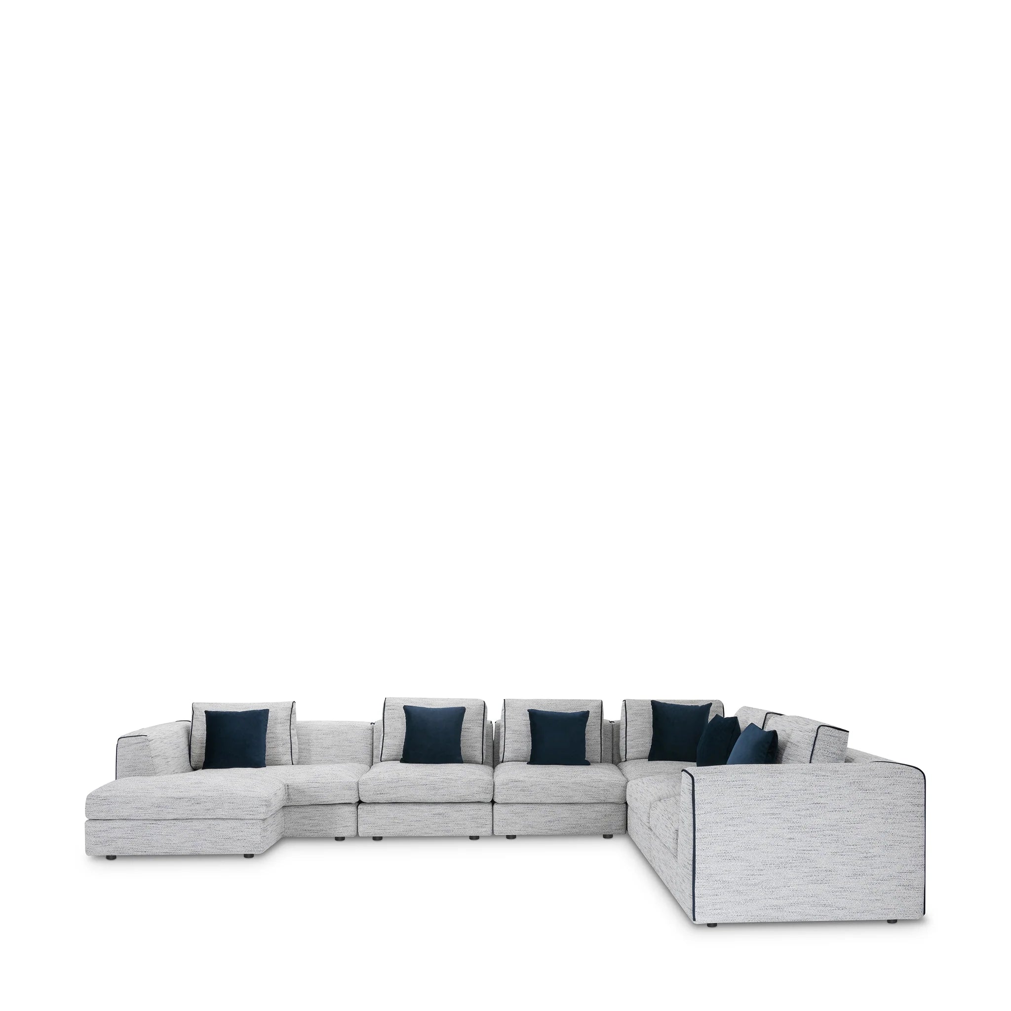 Modern Gray Chenille, 7-Piece Sectional Sofa with Ottoman & Navy Accent Pillows, Living Room Sofa