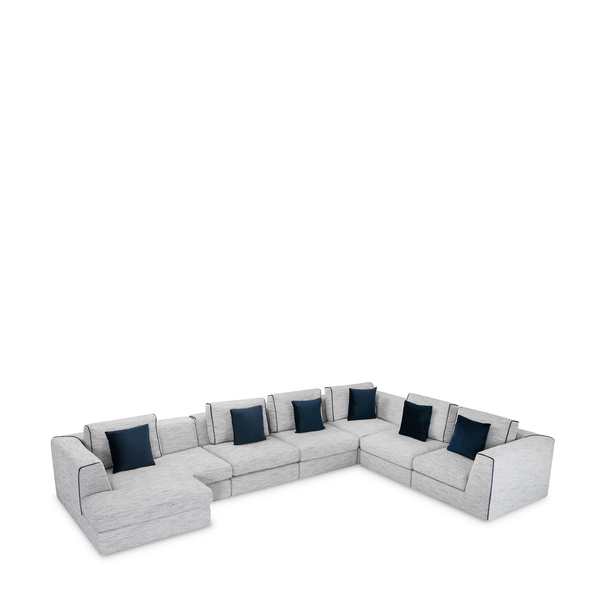 Modern Gray Chenille, 7-Piece Sectional Sofa with Ottoman & Navy Accent Pillows, Living Room Sofa