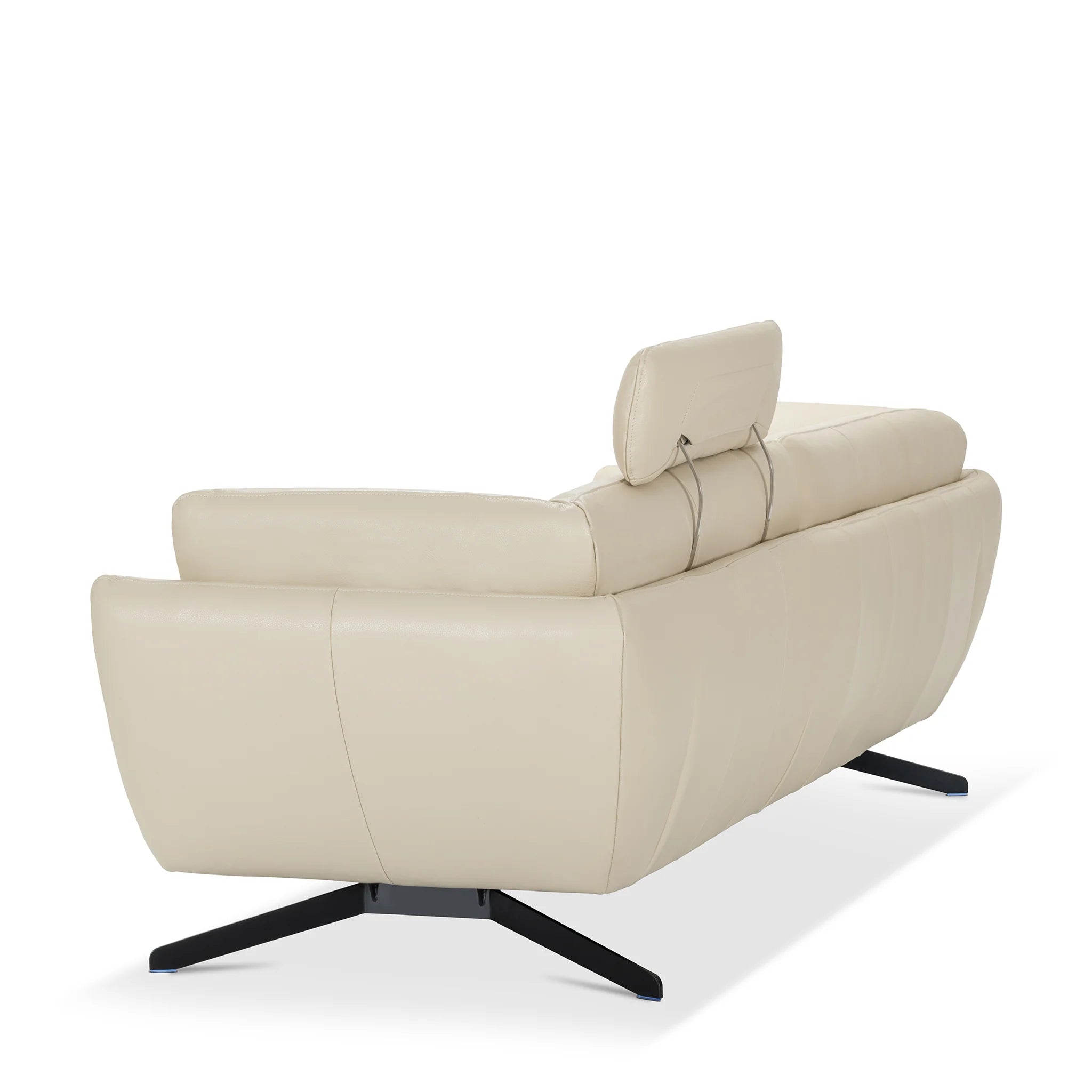 Modern Cream Leather, 3-Seater Sofa with Headrest & Black Steel Legs, Living Room Sofa