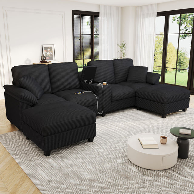 Modern U-Shaped Sectional Sofa Black Upholstered Couch with Storage Ottomans and USB Console