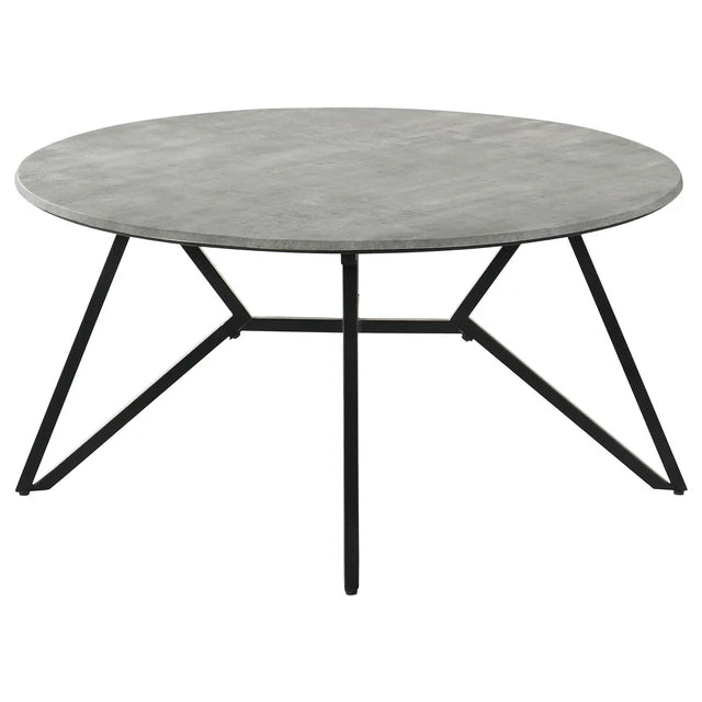Round Center Table Gray Cement Finish with Metal Geometric Base, Coffee Table