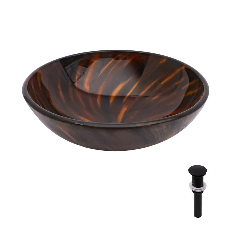 Round Glass Vessel Sink, Amber Brown 16.5 Inch with Pop-Up Drain, Bathroom Vanity Sink