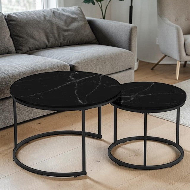Modern Nesting Center Table Set Black Marble Finish 2 Piece Round Coffee Tables