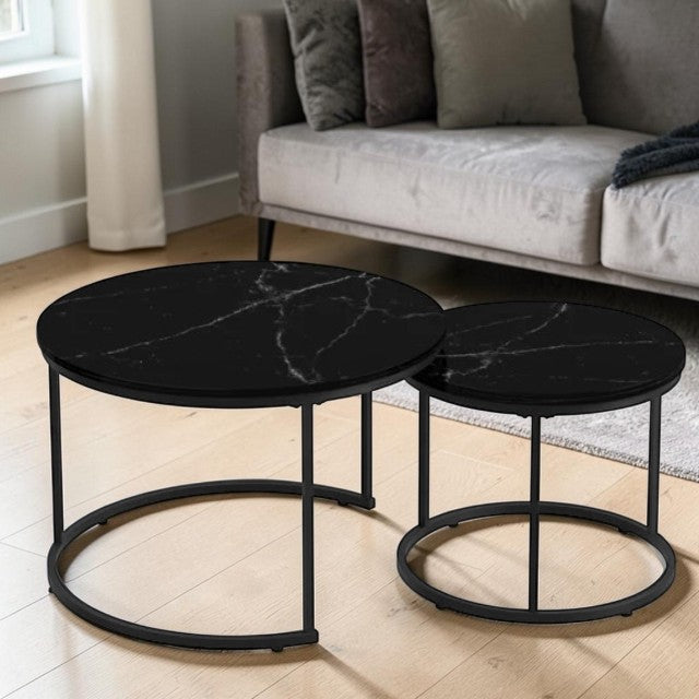 Modern Nesting Center Table Set Black Marble Finish 2 Piece Round Coffee Tables