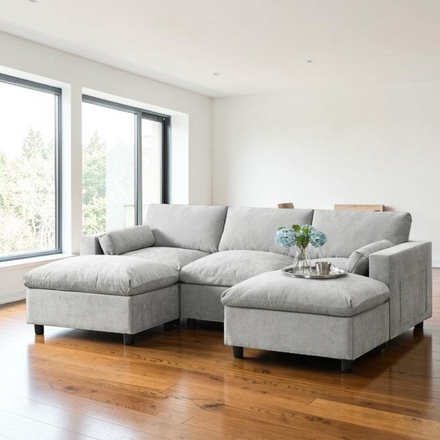 Modern U-Shaped Sectional Sofa Set Gray Fabric 5 Piece Modular Couch with Ottomans