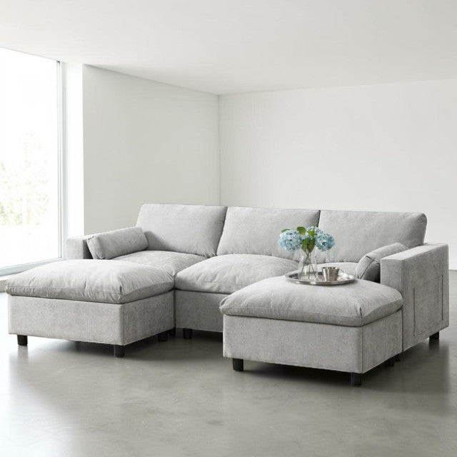 Modern U-Shaped Sectional Sofa Set Gray Fabric 5 Piece Modular Couch with Ottomans