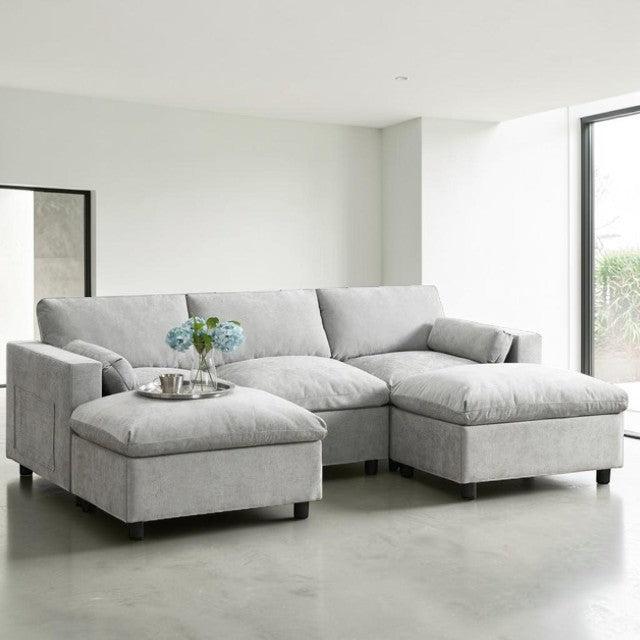 Modern U-Shaped Sectional Sofa Set Gray Fabric 5 Piece Modular Couch with Ottomans