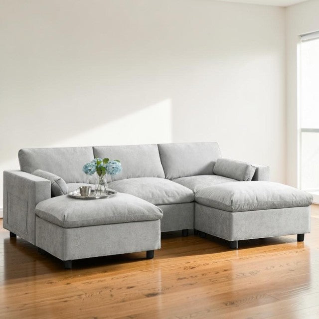 Modern U-Shaped Sectional Sofa Set Gray Fabric 5 Piece Modular Couch with Ottomans