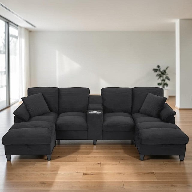 Modern U-Shaped Sectional Sofa Black Upholstered Couch with Storage Ottomans and USB Console