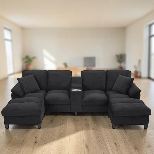 Modern U-Shaped Sectional Sofa Black Upholstered Couch with Storage Ottomans and USB Console