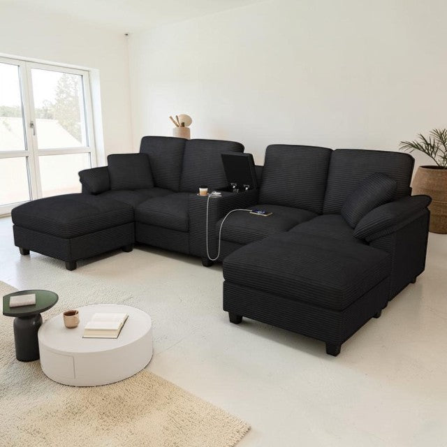 Modern U-Shaped Sectional Sofa Black Upholstered Couch with Storage Ottomans and USB Console