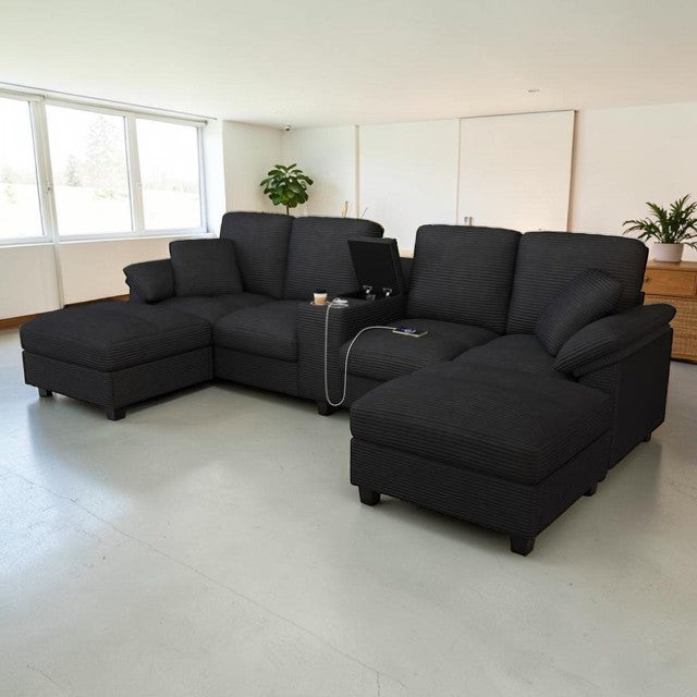 Modern U-Shaped Sectional Sofa Black Upholstered Couch with Storage Ottomans and USB Console