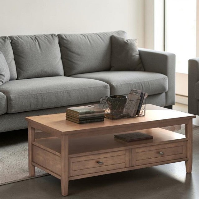 Rustic Shaker Center Table Solid Wood Natural Finish with Storage Drawers, Coffee Table