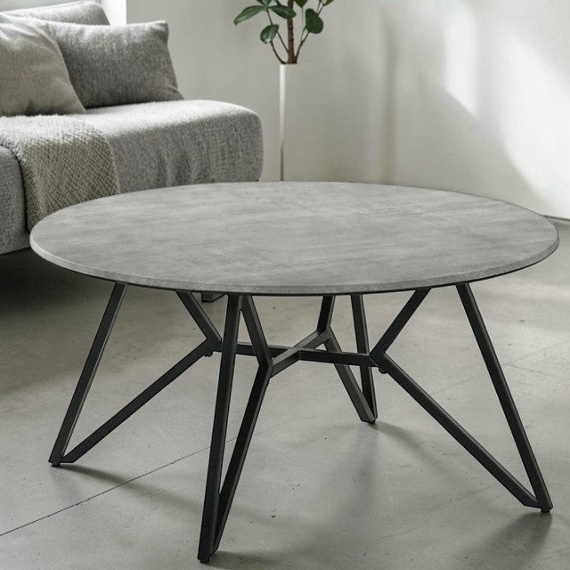 Round Center Table Gray Cement Finish with Metal Geometric Base, Coffee Table