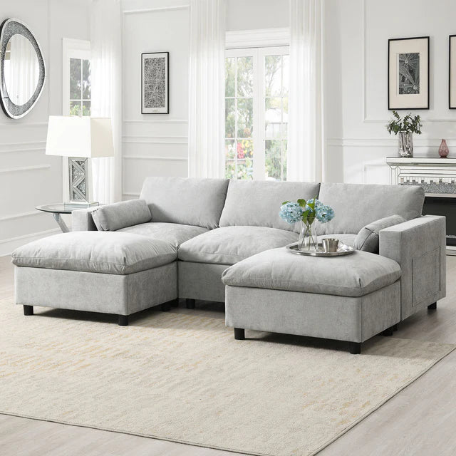 Modern U-Shaped Sectional Sofa Set Gray Fabric 5 Piece Modular Couch with Ottomans