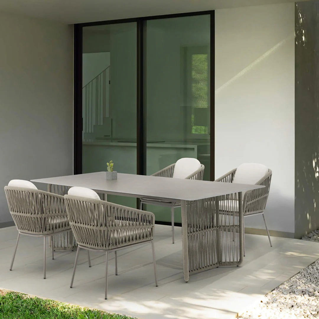 Modern Outdoor Dining Set Light Taupe Rope Weave Aluminum Frame 5-Piece, Outdoor Dining Set